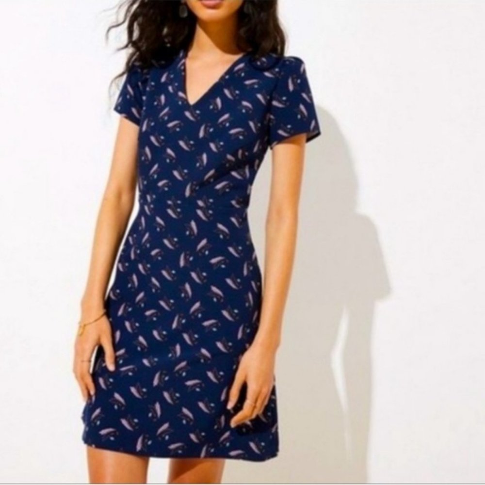 Ann Taylor Loft Fit & Flare Navy Dress with Flutter Sleeve, V Neck, Pink Feather
